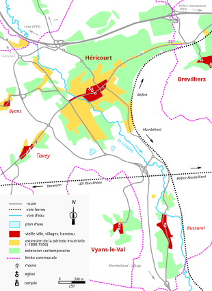 Visualização de um mapa colorido que mostra as etapas de desenvolvimento das edificações de uma cidade.