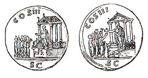 Hadrian-period coin from 125 AD – 128 AD, with representation of the Temple of Divus Iulius. Visible are the Rostra ad Divi Iuli, the arrangement of the podium, and the temple.