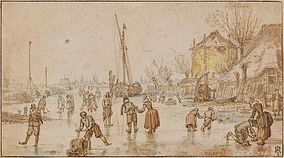 Winter amusement label QS:Len,"Winter amusement" label QS:Lpl,"Zimowe rozrywki" label QS:Lnl,"IJspret" 1600-1634. Pen in brown ink, brown wash, and watercolor. 12 × 21.7 cm (4.7 × 8.5 in). Paris, Louvre Museum.