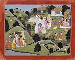 Sita in the hermitage of Valmiki Hermitage of Valmiki, Folio from the "Nadaun" Ramayana (Adventures of Rama) LACMA AC1999.127.45.jpg