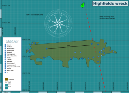 Map of the dive site at the wreck of the Highfields