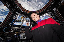 Astronaut Samantha Cristoforetti dressed as Captain Janeway, tweeted her line There's coffee in that nebula.