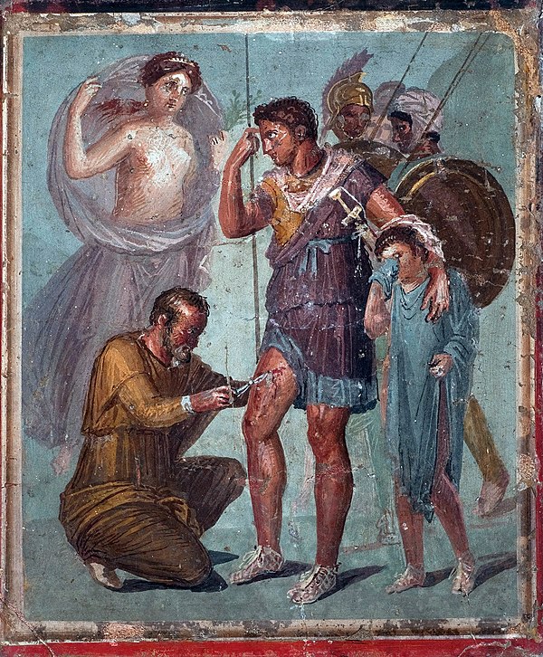 Iapyx removing an arrowhead from the leg of Aeneas, with Aeneas's son, Ascanius, crying beside him. Antique fresco from Pompeii.