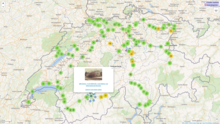 InterRegio stations in Switzerland (through locations of geocoded photos on Wikimedia Commons) InterRegio Bahnhofe Schweiz, locations of geocoded photos on OSM map, Sept 2022.png