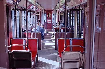 Interior of a Type 1 car in 1987, showing the original seat colors and the stop-request bell cords that were removed in 1994