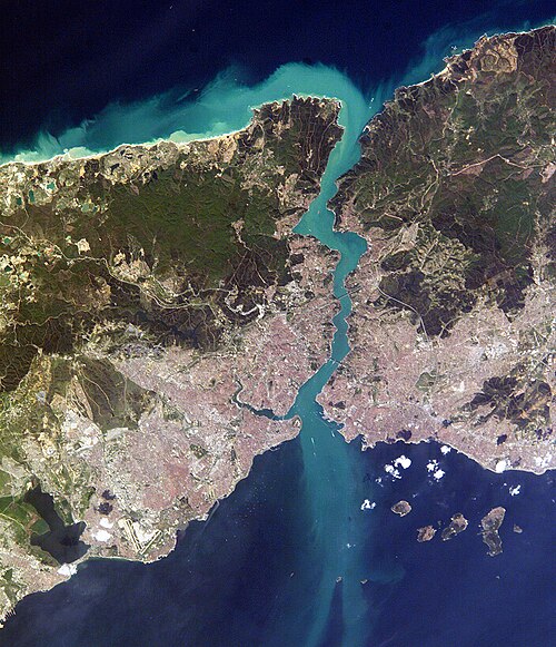 Close-up satellite image of the Bosporus strait, taken from the International Space Station in April 2004. The body of water at the top is the Black S