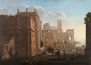 Architectural capriccio depicting the Arch of Constantine, the Colosseum and Santa Maria in Cosmedin, with Jan Miel