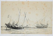 Two Malay coaster in Java, with toop sail and rigging. Java Amiral E Paris Caboteur Malais.jpg