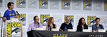 Star Trek: Lower Decks panel at the 2019 San Diego Comic-Con Jerry O'Connell, Mike McMahan, Heather Kadin, Alex Kurtzman, Tawny Newsome & Jack Quaid (48443838191) (cropped).jpg
