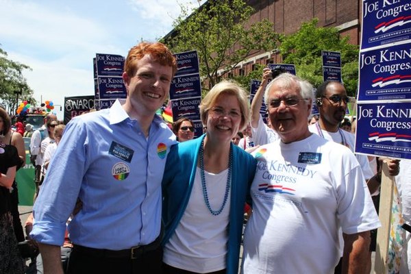 Kennedy (left) campaigning with Elizabeth Warren (center), and his predecessor Barney Frank (right), 2012 Boston Pride Parade