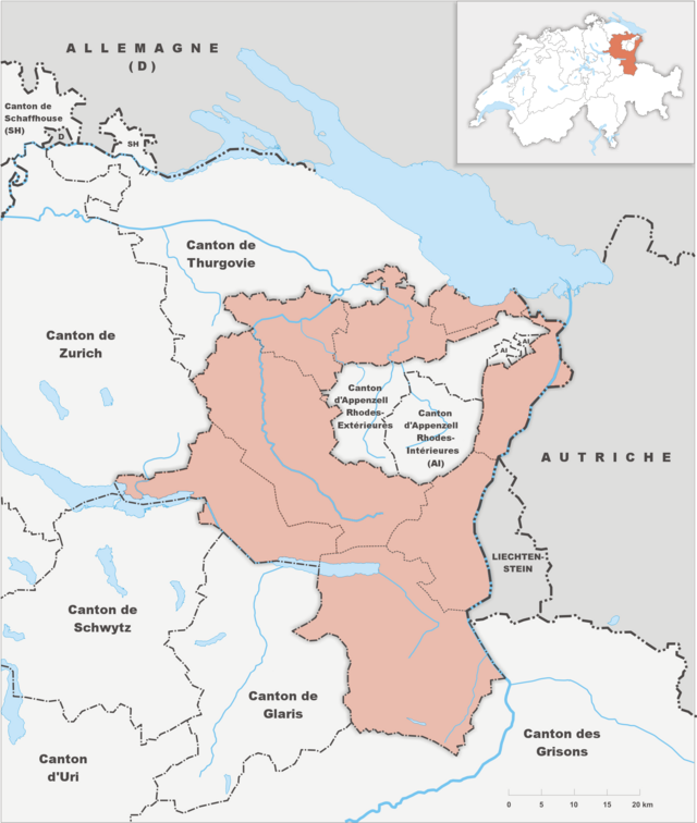 Mapa konturowa Sankt Gallen, po prawej nieco u góry znajduje się punkt z opisem „ACH”