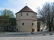 The Kasseturm is a relic of the former city wall at Goetheplatz. Kasseturm in Weimar.jpg