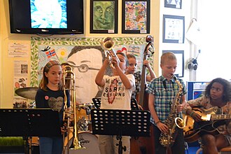 Children from Austria, Switzerland, and Norway playing together at The International Museum of Children's Art in Oslo as part of the festival Kids in Jazz in August 2014 (Photo by M. Bremnes) Kids in jazz 2.JPG