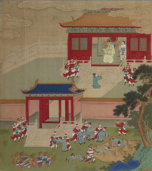 Killing the Scholars and Burning the Books, anonymous 18th century Chinese painted album leaf depicts Confucian scholars being buried alive in Imperia