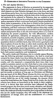 During the 1919 Paris Peace Conference, an Inter-Allied Commission was sent to Palestine to assess the views of the local population; the report summarized the arguments received from petitioners for and against Zionism. King Crane Commission 1919 Summary of Arguments Presented to the Commission For and Against Zionism.jpg