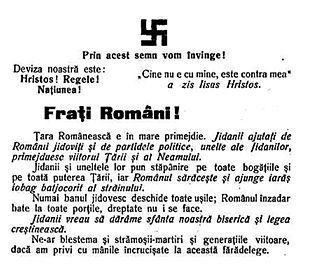 1928 manifesto of the National-Christian Defense League, published under the swastika logo. It proclaims: Romanian brethren! The Land of the Romanians faces a great peril. The kikes, with assistance from Judaized Romanians and the political parties, as tools of the kikes, are gambling with the future of the Country and Folk.