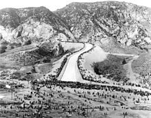 Crowds gather to see the first water reaching the valley via the new aqueduct. LA Aqueduct Opening2.jpg