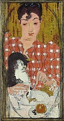 Tableau en hauteur montrant en gros plan une femme en corsage à carreaux rouges et blancs, attablée avec un chat, l'air un peu désabusée.