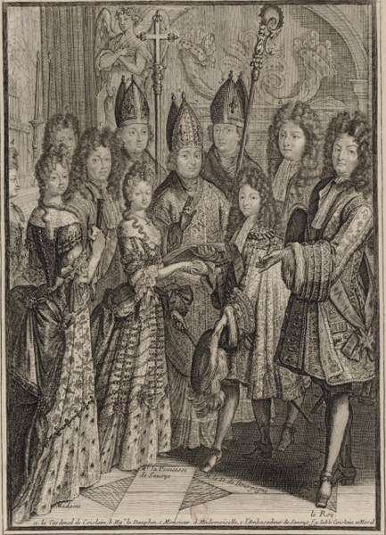 File:La cérémonie du mariage de Monseigr le duc de Bourgogne avec Me la princesse de Savoye dans la chapelle de Versailles le 7 décembre 1697 gravure anonyme publiée chez Nicolas Arnoult.png