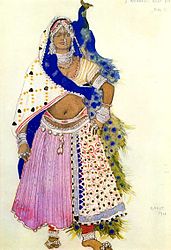 In het kostuum van de dronken tempeldanser combineert Bakst kleuren en patronen (1911)