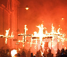 Procession of the martyrs' crosses, as part of Lewes' Bonfire Night celebrations Lewes Bonfire, Martyrs Crosses 02 detail.jpg