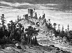 Kopec s hradem na historické kresbě