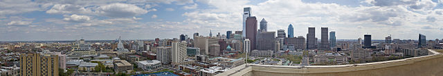 Panorama of Logan Square in May 2014 with Spring Garden (left), Cathedral Basilica, Logan Circle, and the Franklin Institute (center), and 30th Street