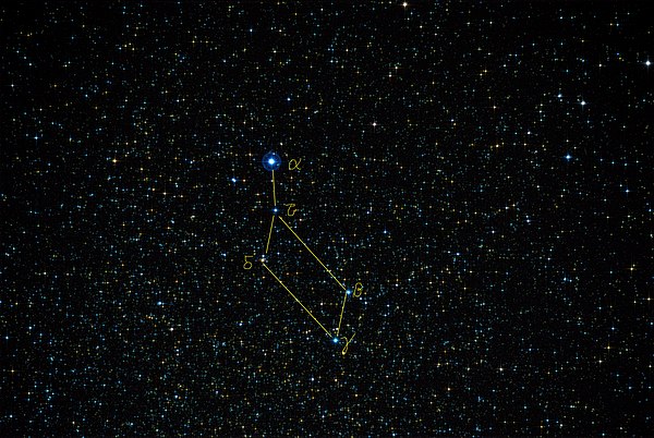 The constellation Lyra, enhanced for color and contrast. Brightest five stars are labeled.