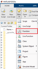 Screenshot of MATLAB on how to select "Function"