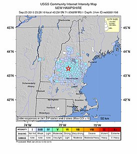 Эпицентр землетрясения в Нью-Гэмпшире 26 сентября 2010 года (Снимок USGS)