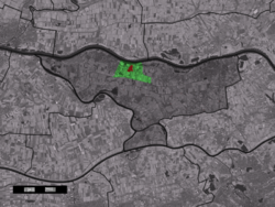 The village centre (red) and the statistical district (light green) of Zuilichem in the municipality of Zaltbommel.