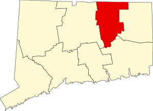 Mapa Connecticutu zvýrazňující Tolland County