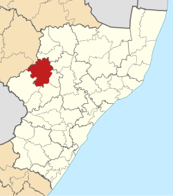 Kaart van Suid-Afrika wat Emnambithi/Ladysmith in KwaZulu-Natal aandui