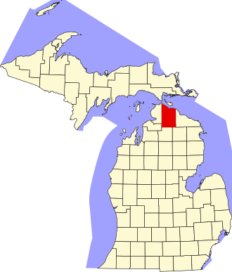 Location of Cheboygan County in Michigan Map of Michigan highlighting Cheboygan County.svg