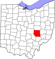 Kort over Ohio med Muskingum County markeret