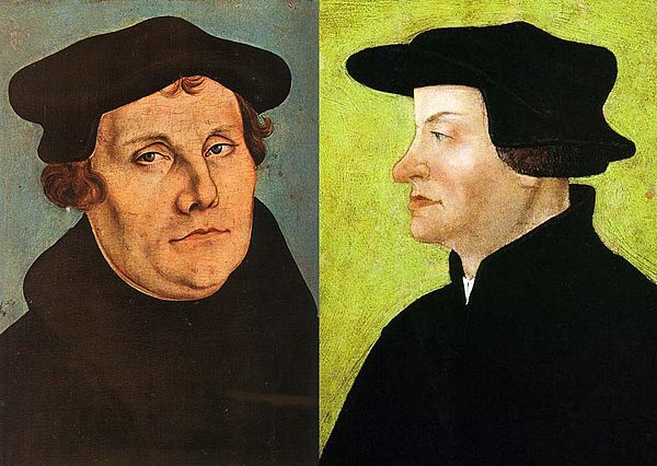Bucer tried to mediate between Martin Luther (left) and Huldrych Zwingli (right) on doctrinal matters.