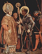 马蒂亚斯·格吕内瓦尔德的《圣厄拉玛斯和圣穆理思》，226 × 176cm，约作于1525年，19世纪始藏[36]
