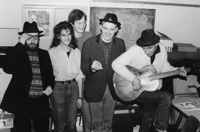 Sexton Ming, Tracey Emin, Charles Thomson, Billy Childish and musician Russell Wilkinson at the Rochester Adult Education Centre 11 December 1987 to r