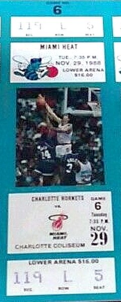 A ticket for a game between the Miami Heat and the Charlotte Hornets during their inaugural season.