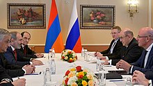 Pashinyan with Russian Prime Minister Mikhail Mishustin in January 2020 Mikhail Mishustin and Nikol Pashinyan (2020-01-31) 01.jpg
