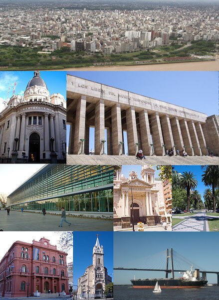 From top, left to right: aerial view of Rosario Center District, Rosario Board of Trade, National Flag Memorial, Clemente Álvarez Emergency Hospital, 