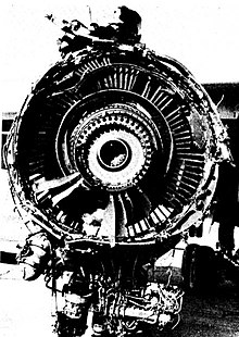 N60NA's No.3 engine after the failure, showing the remains of the failed fan assembly N60NA-2.jpg