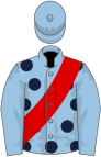 Light blue, dark blue spots on body, red sash