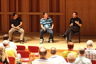 (left to right) The directors Nic Hill and Scott Glosserman with Jimmy Wales in Gdansk, July 10, 2010 Panel with directors and Jimmy Wales after Truth in Numbers premier at Wikimania 2010.jpg