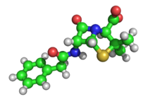 The three-dimensional structure of penicillin, solved by Dorothy Crowfoot Hodgkin in 1945. The green, red, yellow and blue spheres represent atoms of carbon, oxygen, sulfur and nitrogen, respectively. The white spheres represent hydrogen, which were determined mathematically rather than by the X-ray analysis. Penicillin.png