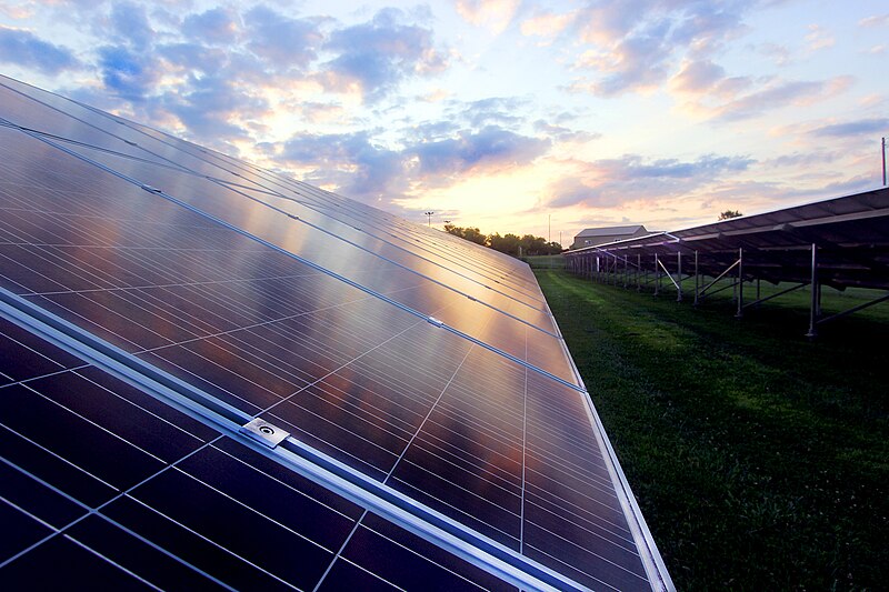 File:Photo of industrial scale solar panels at dawn in Columbia, Missouri (36824339231).jpg