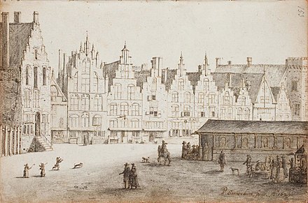 The Hoofwacht on the left before the balcony was added, shown in a sketch of the Grote Markt looking eastwards towards the Smedesstraat and the Klokhuisplein. On the right, the fish market (today much smaller) enjoys the shade on the north side of the St. Bavochurch. By Pieter Jansz Saenredam in 1629 Pieter Jansz. Saenredam 010.jpg