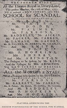 Playbill for the fourth performance of Sheridan's comedy The School For Scandal (1777) Playbill For Sheridan's The School For Scandal.jpg