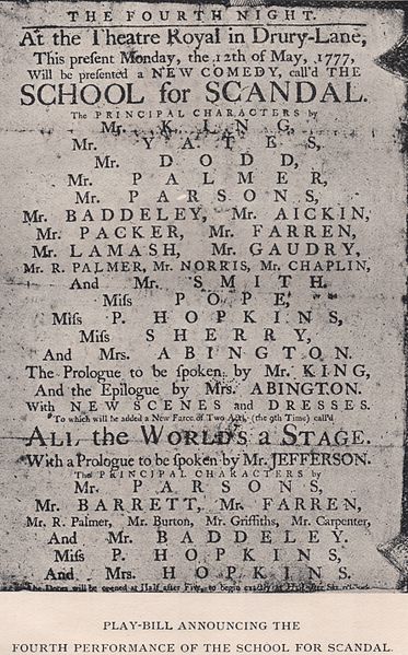 File:Playbill For Sheridan's The School For Scandal.jpg