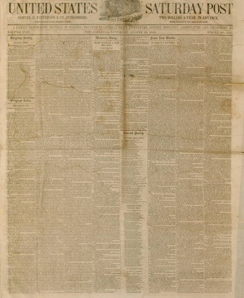First appearance in the United States Saturday Post, August 19, 1843, front page, Philadelphia
